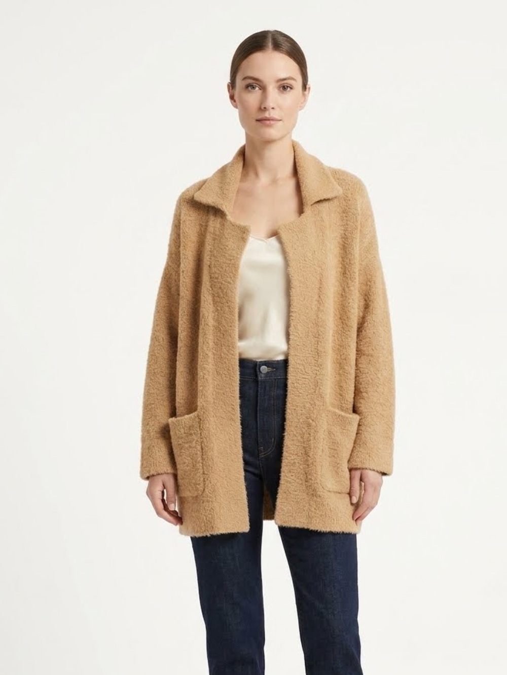 Thread & Supply Open-Front Teddy Coatigan in Camel Tan Size M